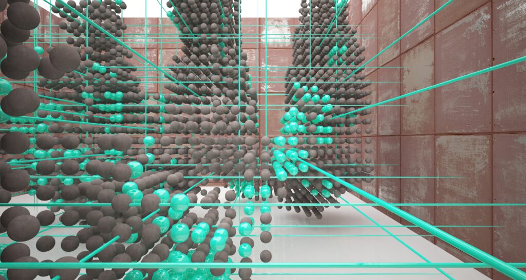 Abstract architectural concrete interior from array green spheres with large windows 3d | NewRoad