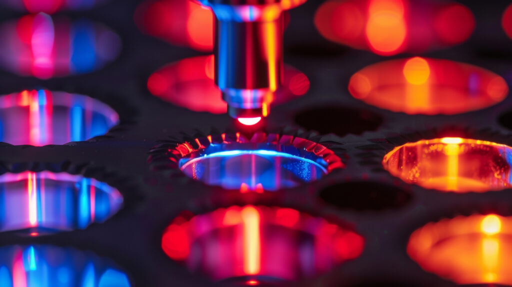 A closeup of a laser pointer being directed at a sample of lightresponsive ink causing it to change color from blue to red. The ink is contained within a small plastic wel | NewRoad